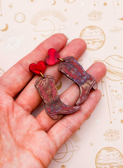 Deep Red and Brown Glitter Marble Heart and Cowboy Boots Dangle Earrings – Hypoallergenic Stainless Steel