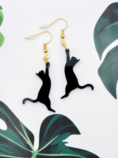 Large Black Cat Silhouette Dangle Earrings or Necklace – Hypoallergenic Stainless Steel