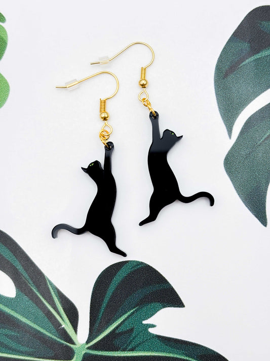 Large Black Cat Silhouette Dangle Earrings or Necklace – Hypoallergenic Stainless Steel