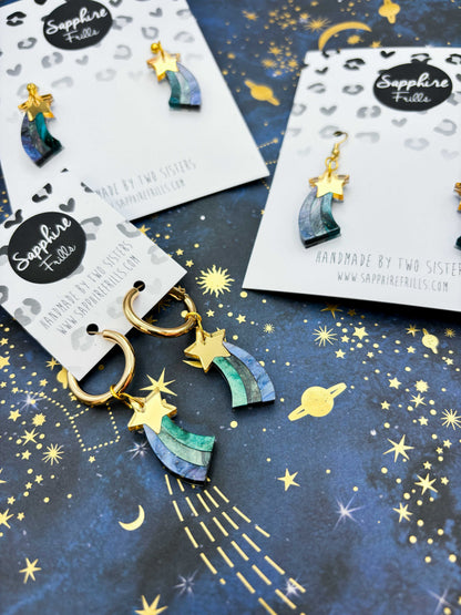 Medium Gold and Night Sky Marble Acrylic Shooting Star Dangle Earrings or Necklace – Hypoallergenic Stainless Steel