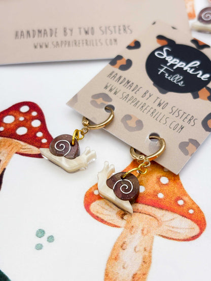 Small Brown Glitter Snail Dangle Earrings or Necklace – Hypoallergenic Stainless Steel