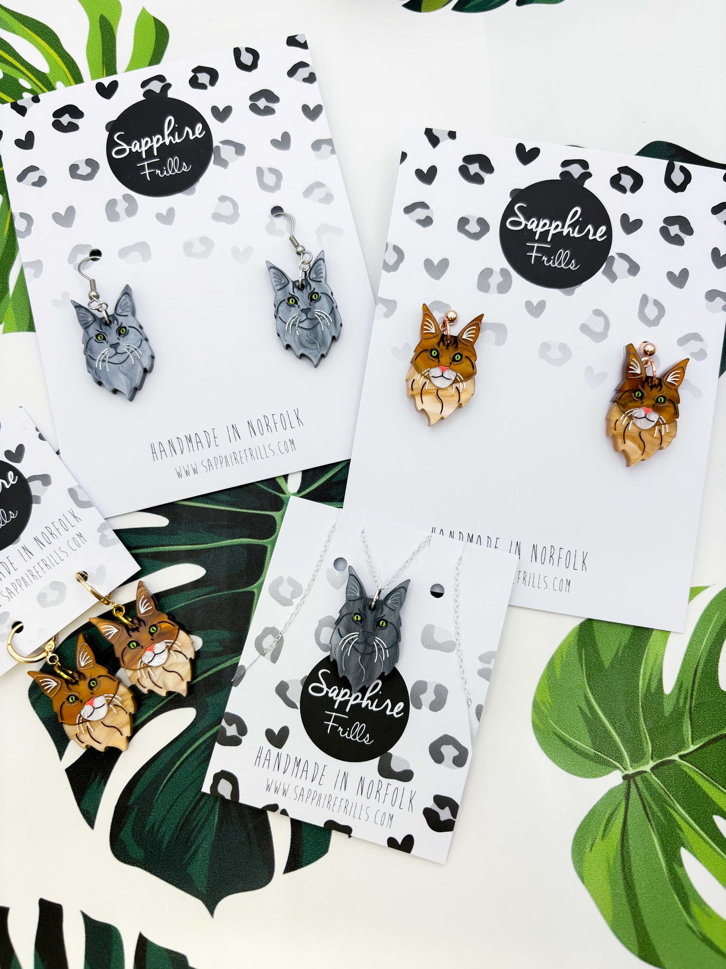 Large Maine Coon Cat Dangle Earrings or Necklace – Hypoallergenic Stainless Steel