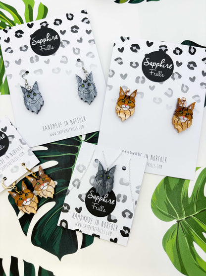 Large Maine Coon Cat Dangle Earrings or Necklace – Hypoallergenic Stainless Steel