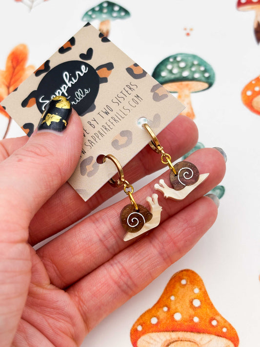 Small Brown Glitter Snail Dangle Earrings or Necklace – Hypoallergenic Stainless Steel
