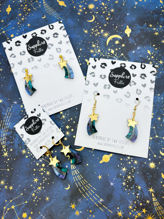 Medium Gold and Night Sky Marble Acrylic Shooting Star Dangle Earrings or Necklace – Hypoallergenic Stainless Steel