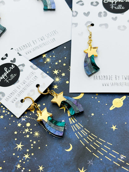 Medium Gold and Night Sky Marble Acrylic Shooting Star Dangle Earrings or Necklace – Hypoallergenic Stainless Steel