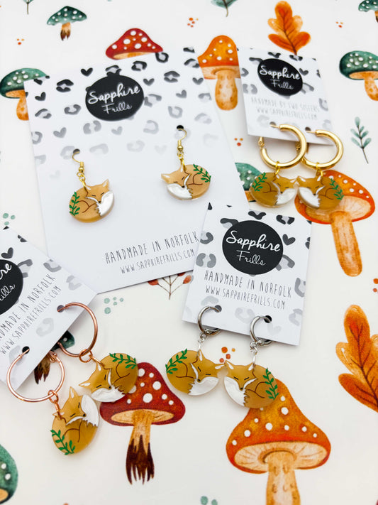 Medium Woodland Sleeping Fox Dangle Earrings or Necklace – Hypoallergenic Stainless Steel