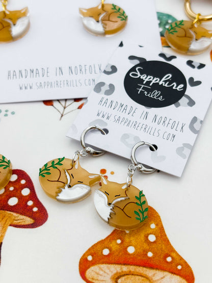 Medium Woodland Sleeping Fox Dangle Earrings or Necklace – Hypoallergenic Stainless Steel