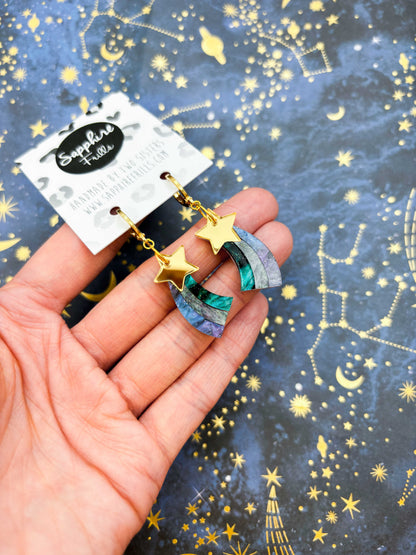 Medium Gold and Night Sky Marble Acrylic Shooting Star Dangle Earrings or Necklace – Hypoallergenic Stainless Steel
