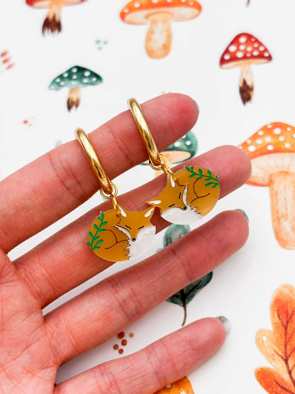 Medium Woodland Sleeping Fox Dangle Earrings or Necklace – Hypoallergenic Stainless Steel