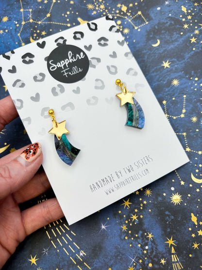 Medium Gold and Night Sky Marble Acrylic Shooting Star Dangle Earrings or Necklace – Hypoallergenic Stainless Steel