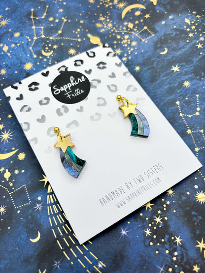Medium Gold and Night Sky Marble Acrylic Shooting Star Dangle Earrings or Necklace – Hypoallergenic Stainless Steel