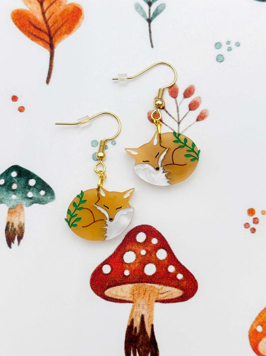 Medium Woodland Sleeping Fox Dangle Earrings or Necklace – Hypoallergenic Stainless Steel