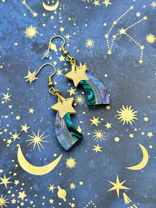 Medium Gold and Night Sky Marble Acrylic Shooting Star Dangle Earrings or Necklace – Hypoallergenic Stainless Steel