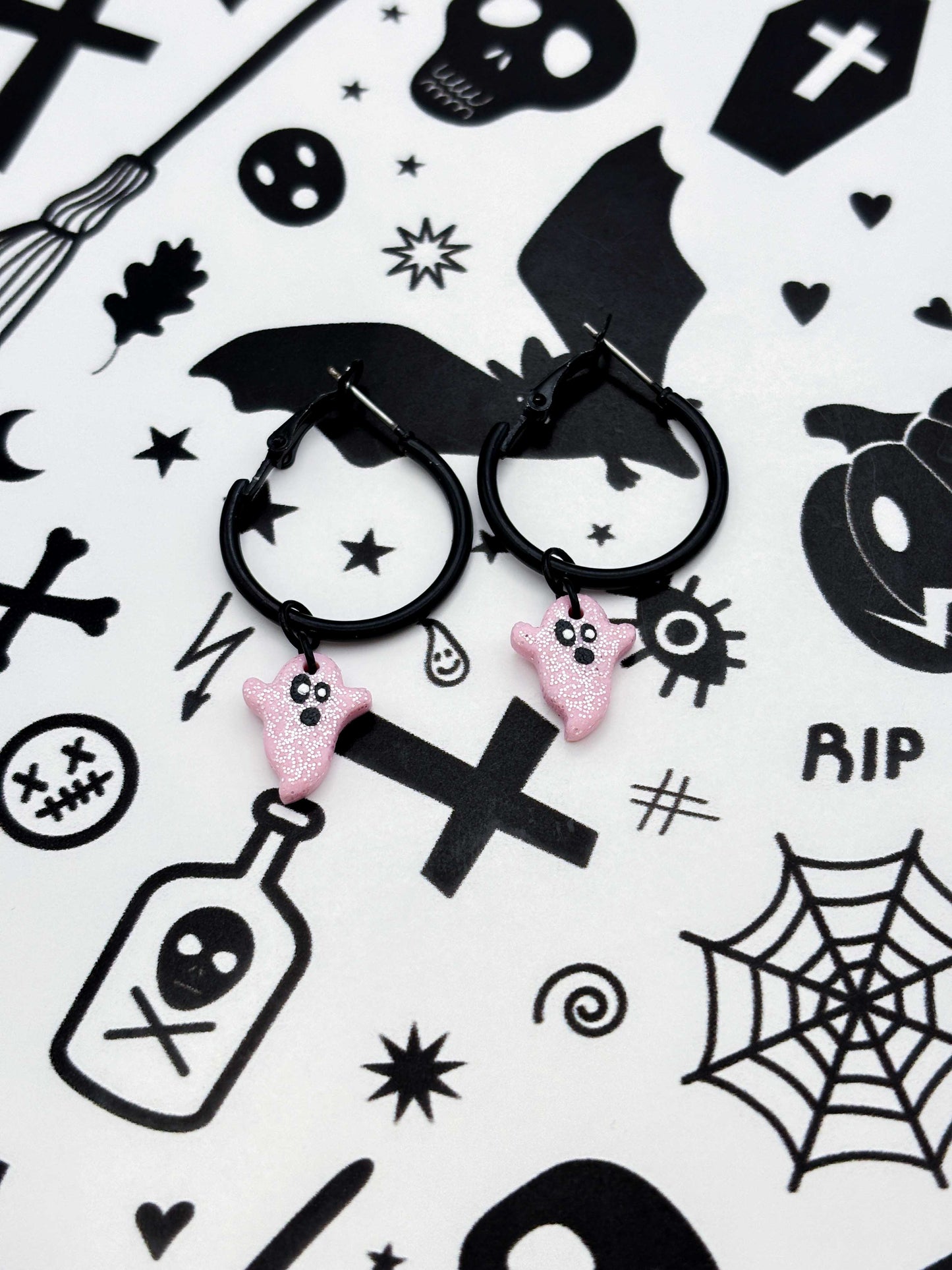 Mini Pink Glitter Clay Ghost Earrings