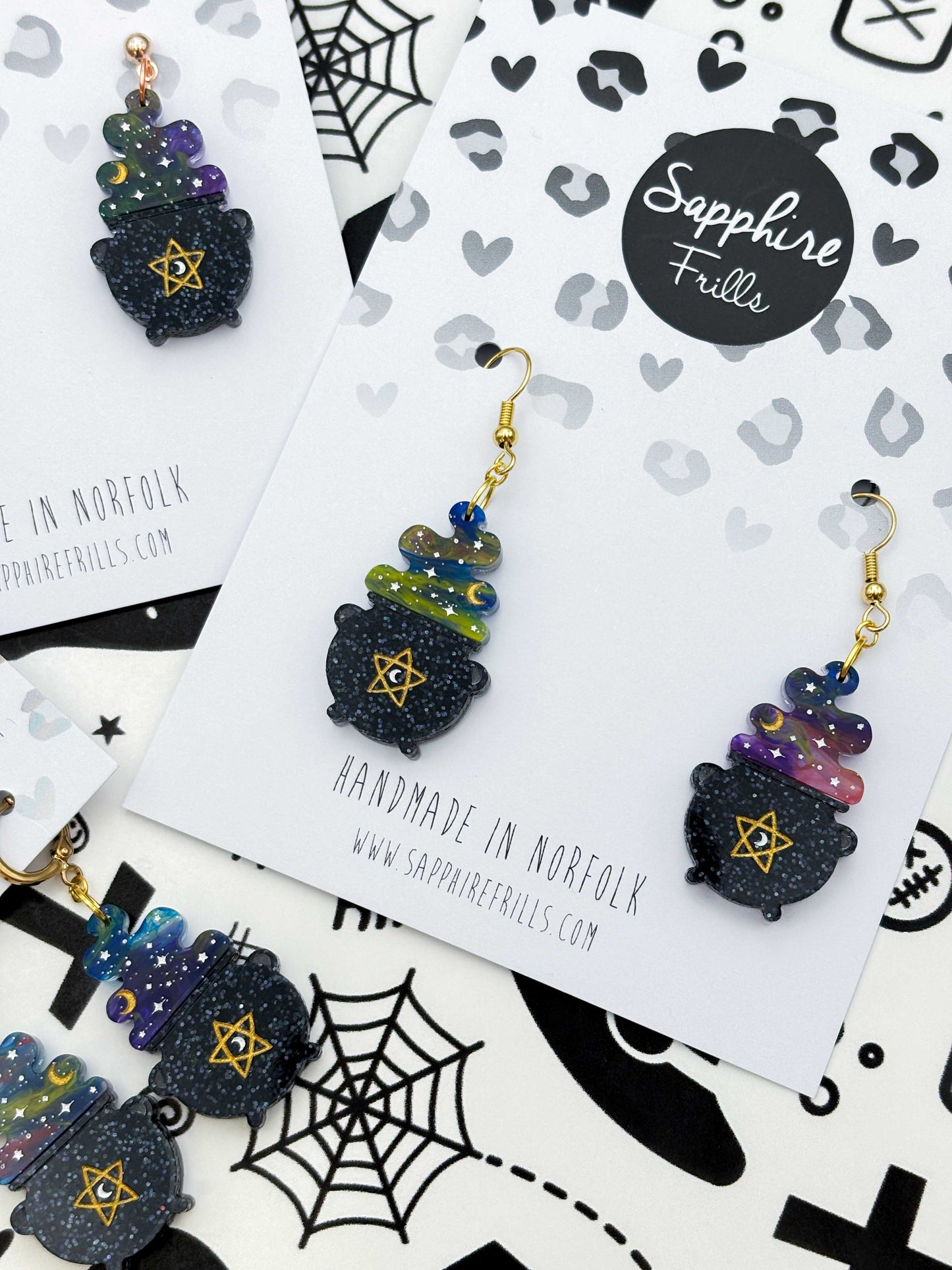 Large Dark Rainbow Marble Pentagon Steaming Cauldron Dangle Earrings