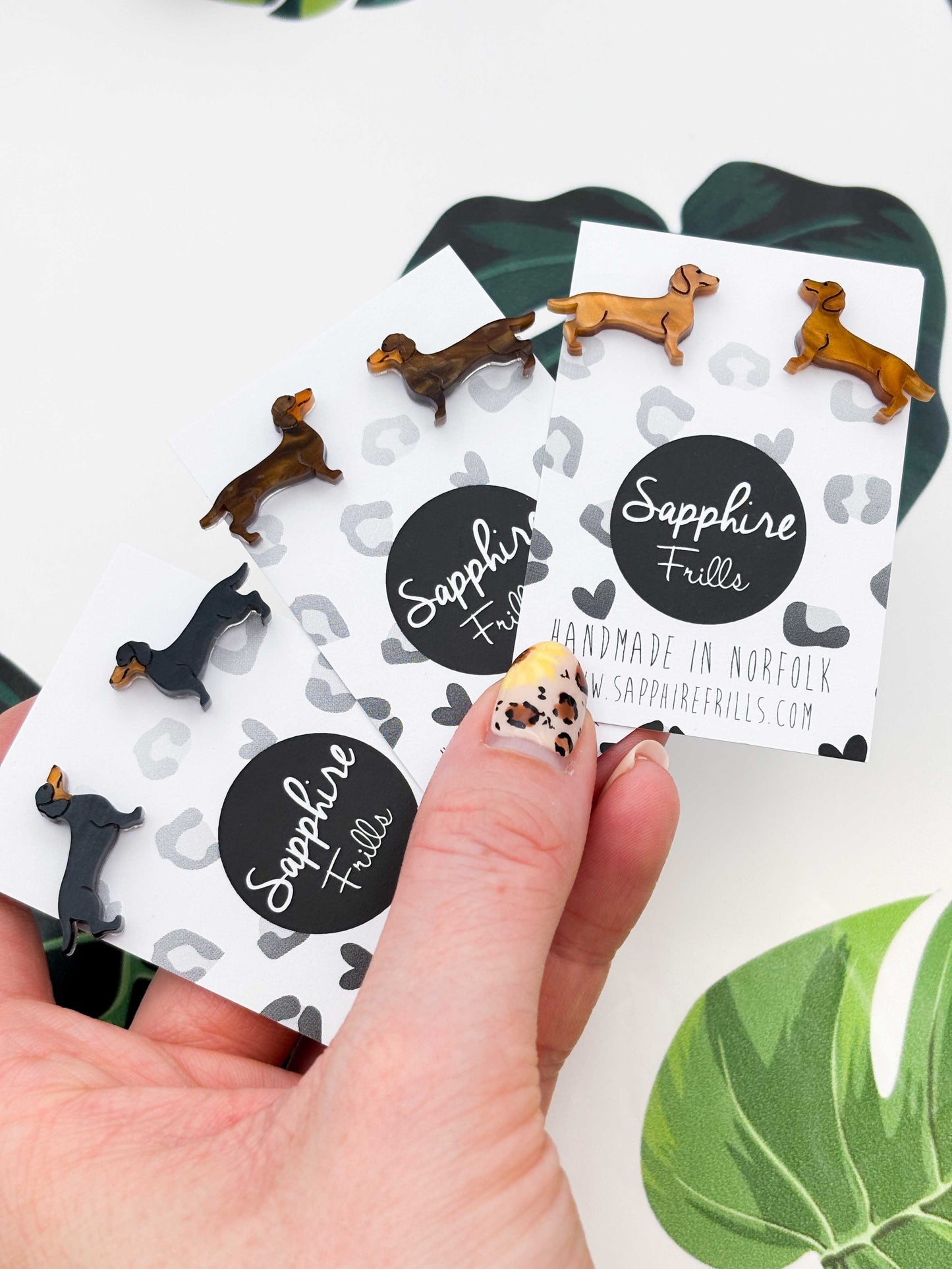 Small Dachshund Sausage Dog Acrylic Stud Earrings – Hypoallergenic Stainless Steel