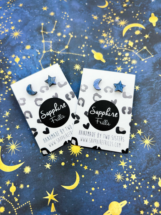Mini Navy Night Sky Marble Acrylic Mismatch Star and Moon Stud Earrings – Hypoallergenic Stainless Steel