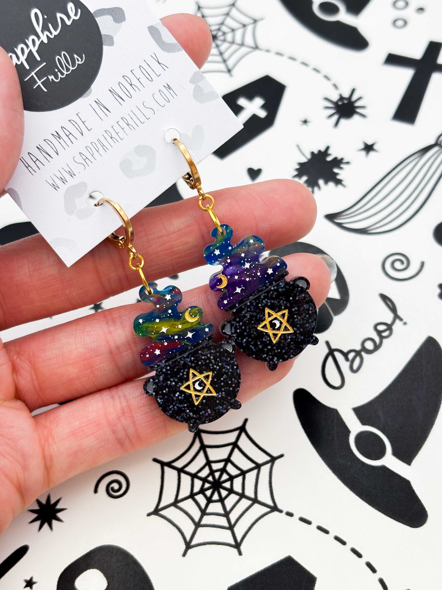 Large Dark Rainbow Marble Pentagon Steaming Cauldron Dangle Earrings