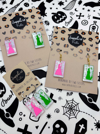 Large ‘Good Witch’ and ‘Wicked Witch’ Mismatch Tarot Cards Dangle Earrings or Necklace – Hypoallergenic Stainless Steel