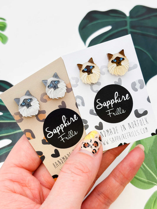Small Ragdoll Cat Face Stud Earrings – Hypoallergenic Stainless Steel
