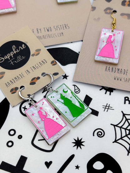 Large ‘Good Witch’ and ‘Wicked Witch’ Mismatch Tarot Cards Dangle Earrings or Necklace – Hypoallergenic Stainless Steel