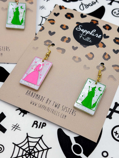 Large ‘Good Witch’ and ‘Wicked Witch’ Mismatch Tarot Cards Dangle Earrings or Necklace – Hypoallergenic Stainless Steel