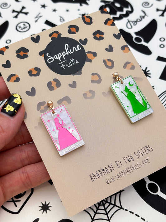 Large ‘Good Witch’ and ‘Wicked Witch’ Mismatch Tarot Cards Dangle Earrings or Necklace – Hypoallergenic Stainless Steel