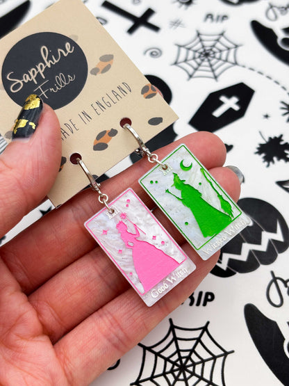 Large ‘Good Witch’ and ‘Wicked Witch’ Mismatch Tarot Cards Dangle Earrings or Necklace – Hypoallergenic Stainless Steel