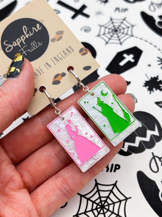 Large ‘Good Witch’ and ‘Wicked Witch’ Mismatch Tarot Cards Dangle Earrings or Necklace – Hypoallergenic Stainless Steel
