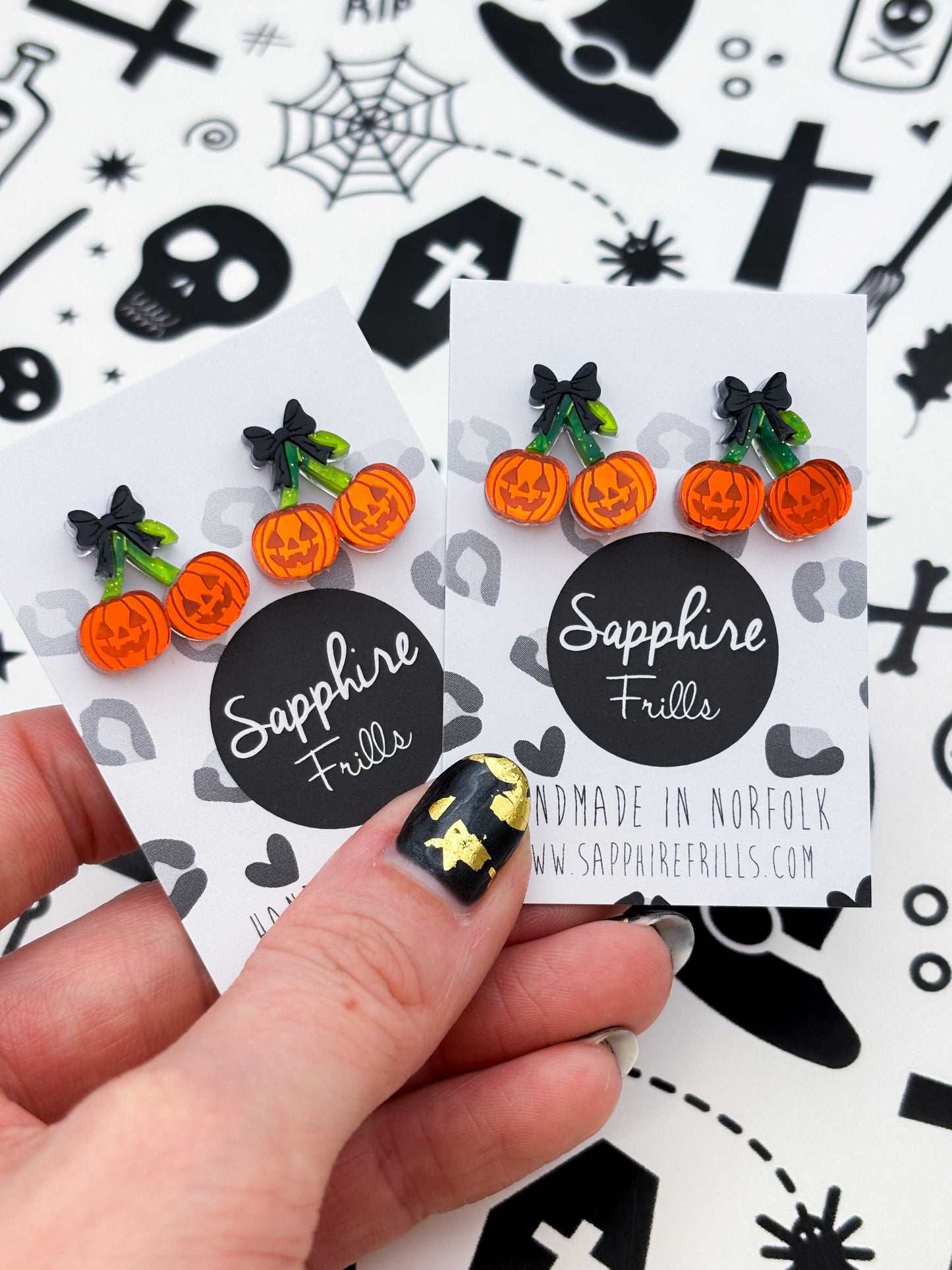 Small Pumpkin Cherries with Black Bow Stud Earrings