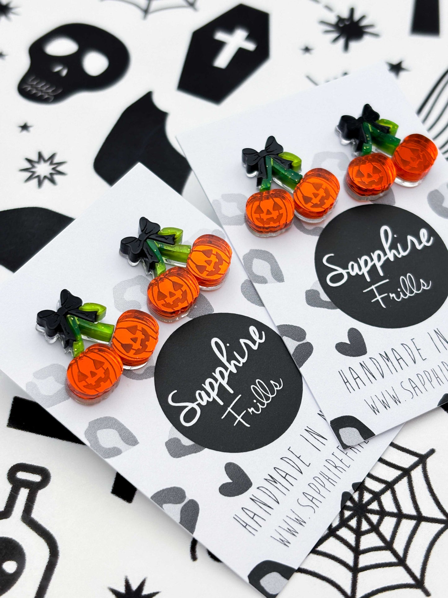 Small Pumpkin Cherries with Black Bow Stud Earrings
