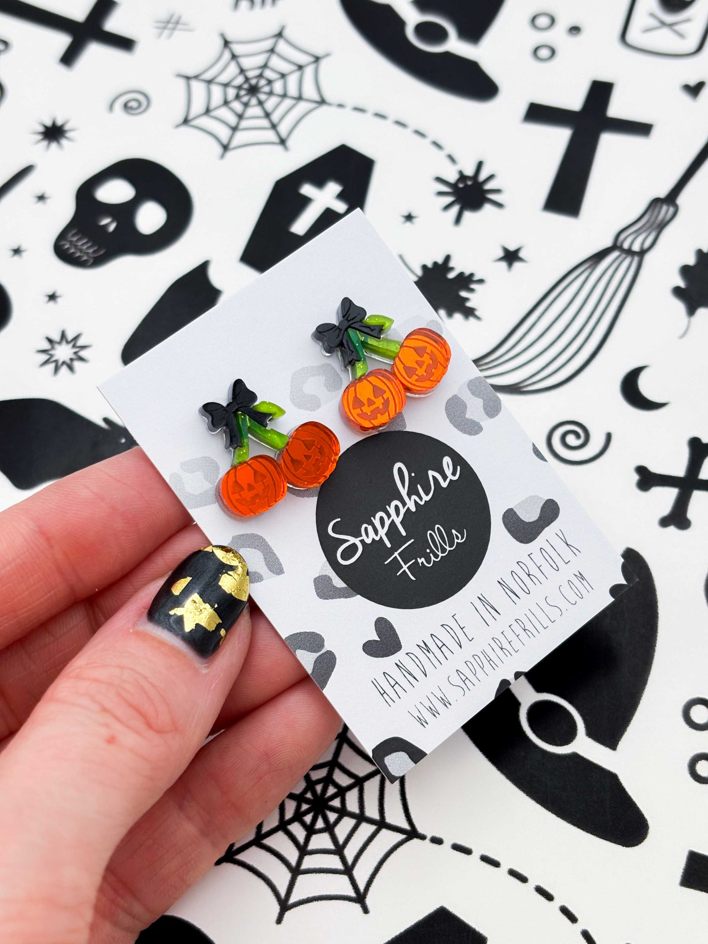 Small Pumpkin Cherries with Black Bow Stud Earrings