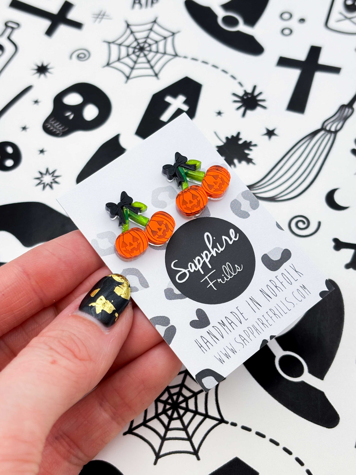 Small Pumpkin Cherries with Black Bow Stud Earrings
