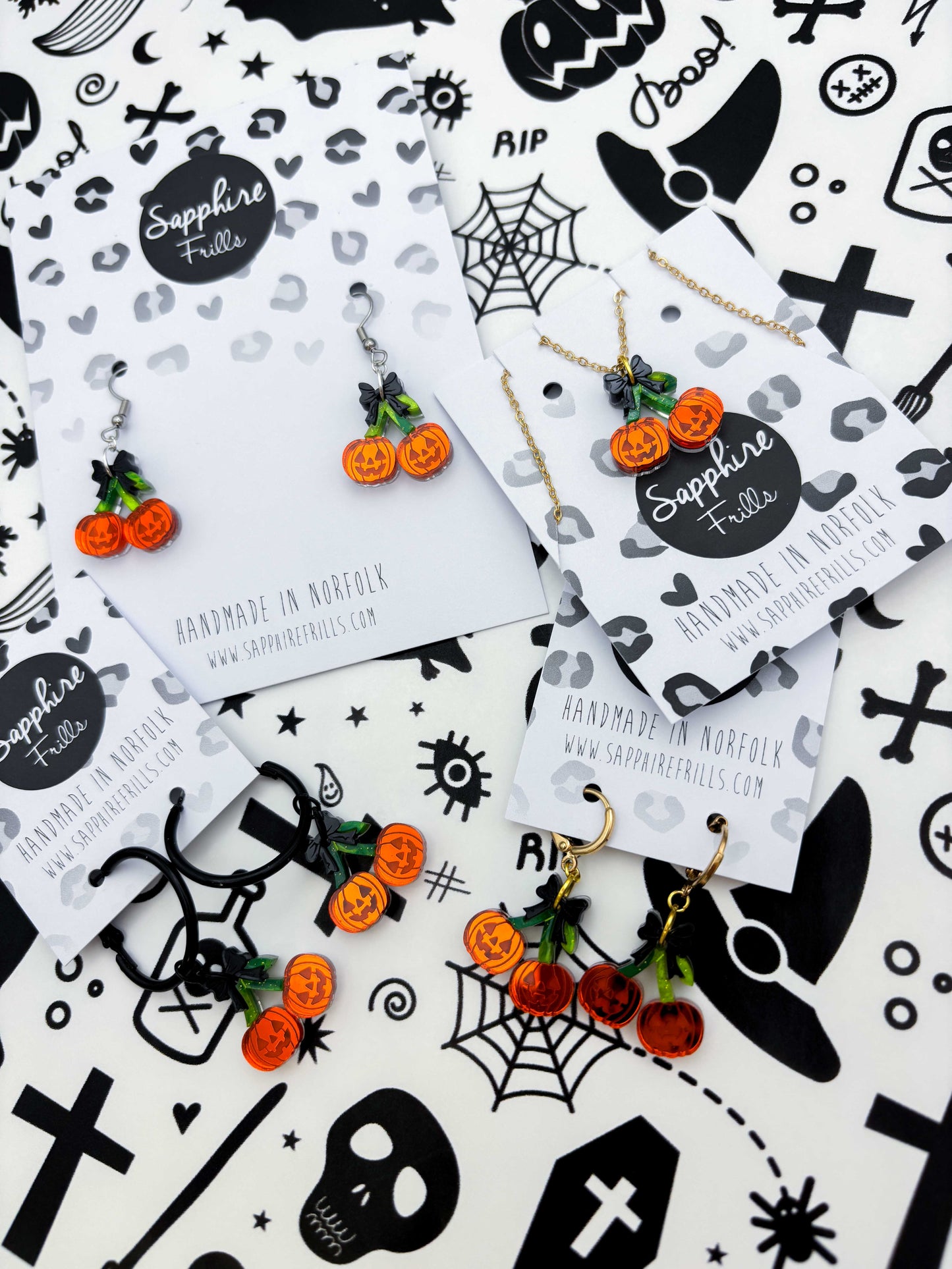 Medium Pumpkin Cherries with Black Bow Dangle Earrings