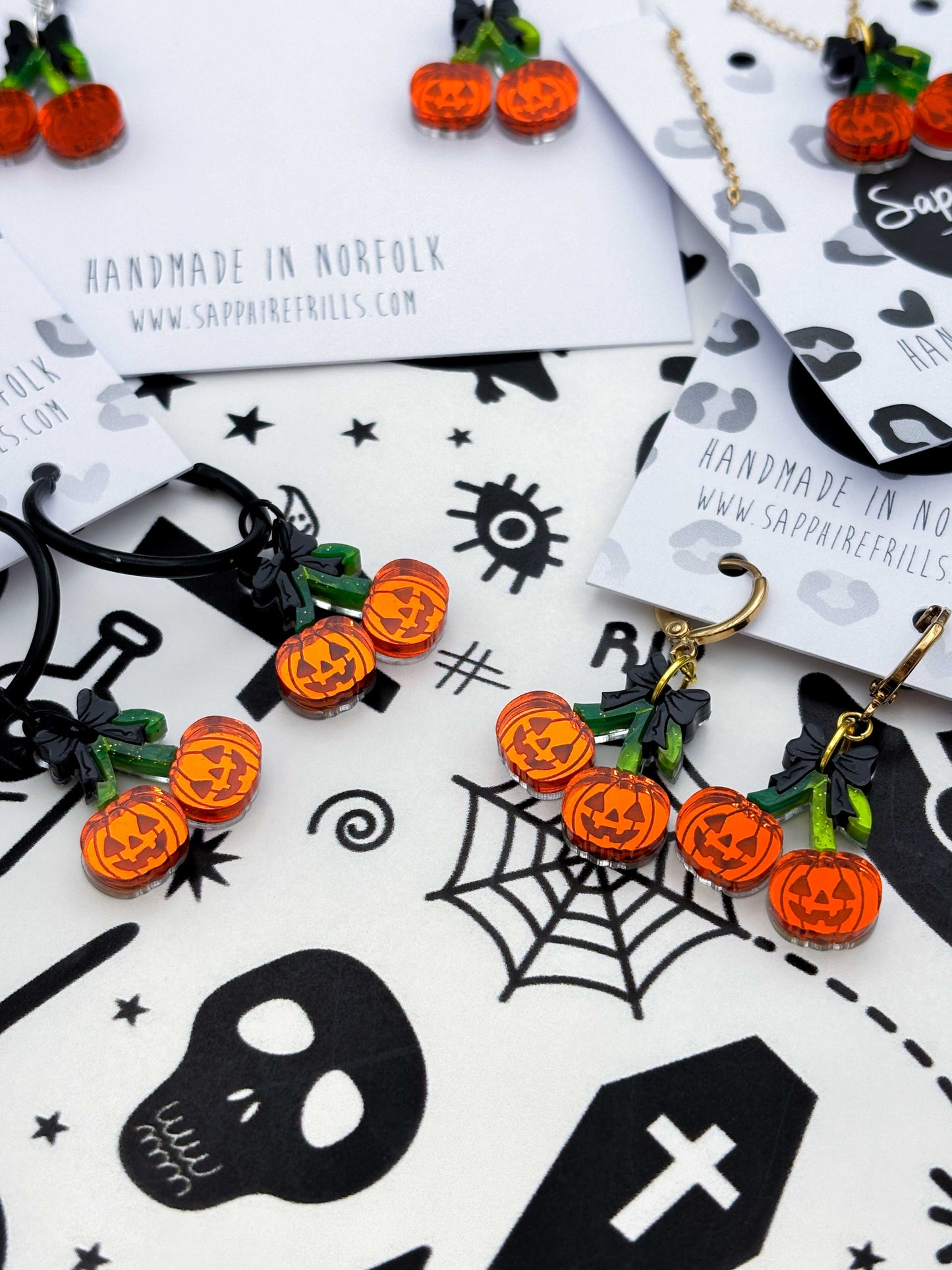 Medium Pumpkin Cherries with Black Bow Dangle Earrings