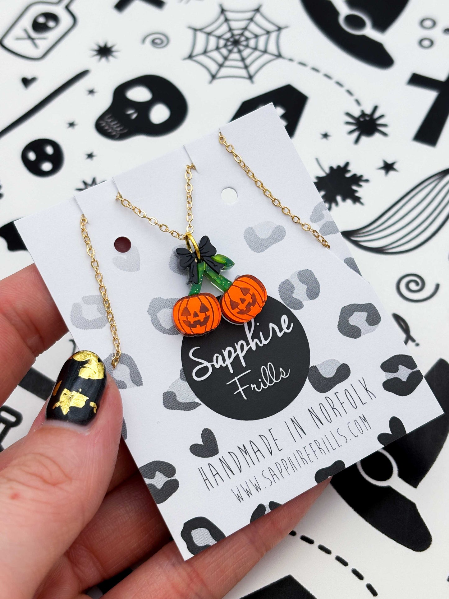 Medium Pumpkin Cherries with Black Bow Dangle Earrings