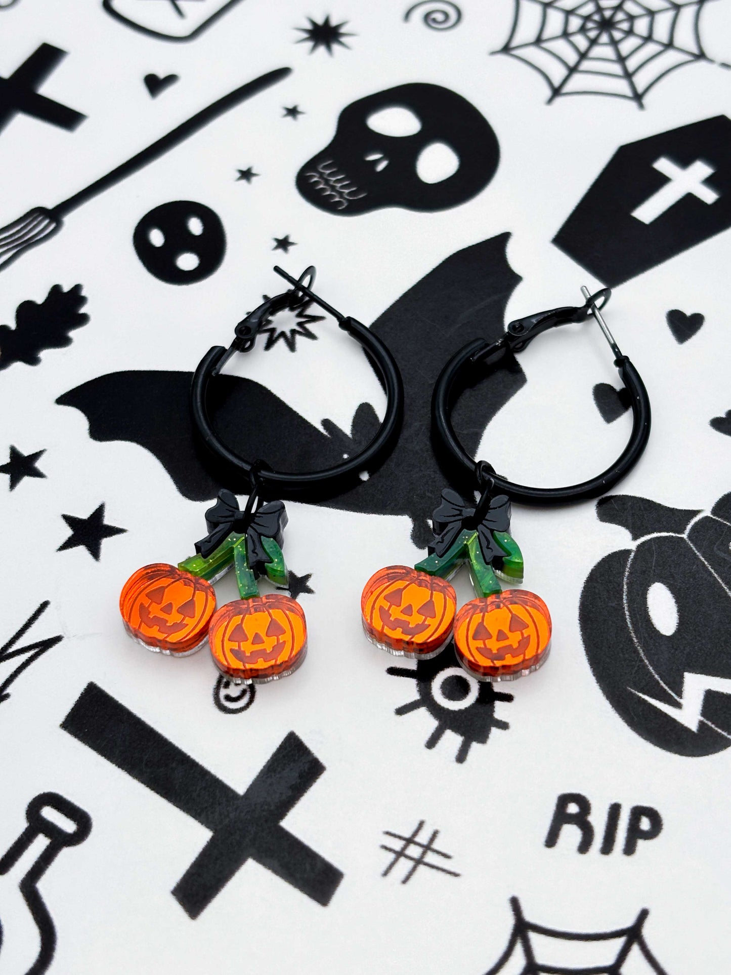 Medium Pumpkin Cherries with Black Bow Dangle Earrings