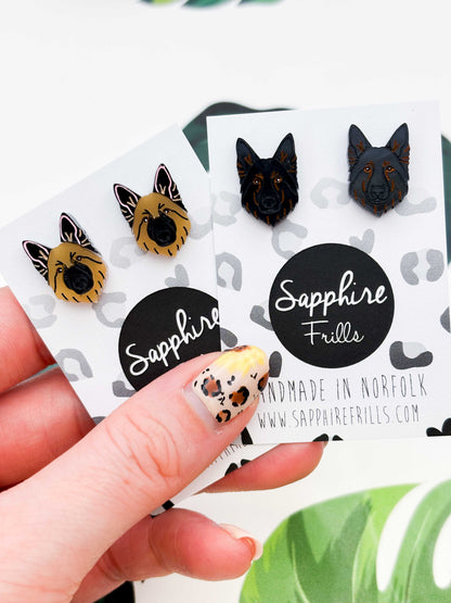 Small German Shepherd Face Stud Earrings – Hypoallergenic Stainless Steel
