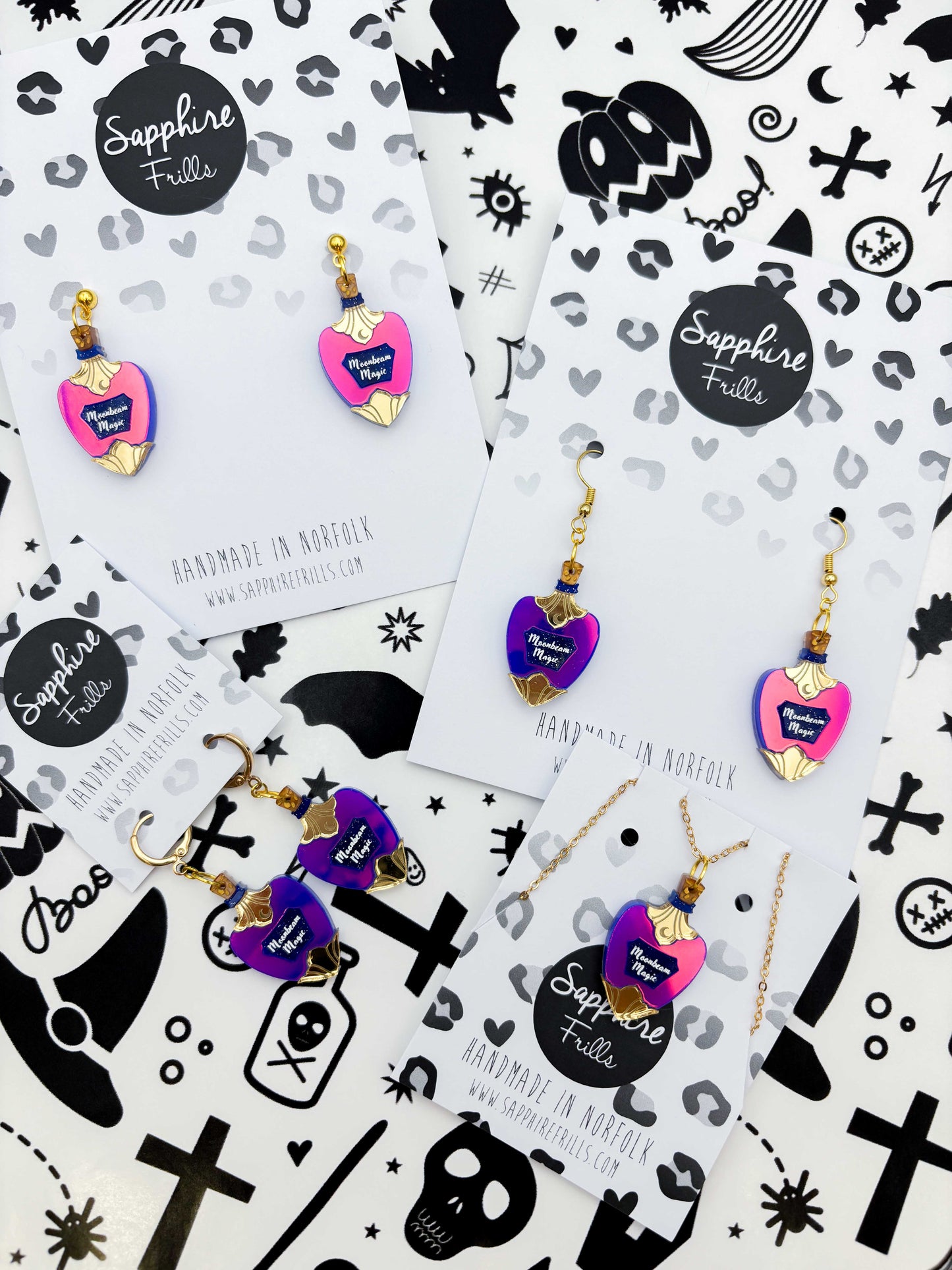 Medium Dark Iridescent Purple and Pink Moonbeam Magic Potion Bottle Dangle Earrings