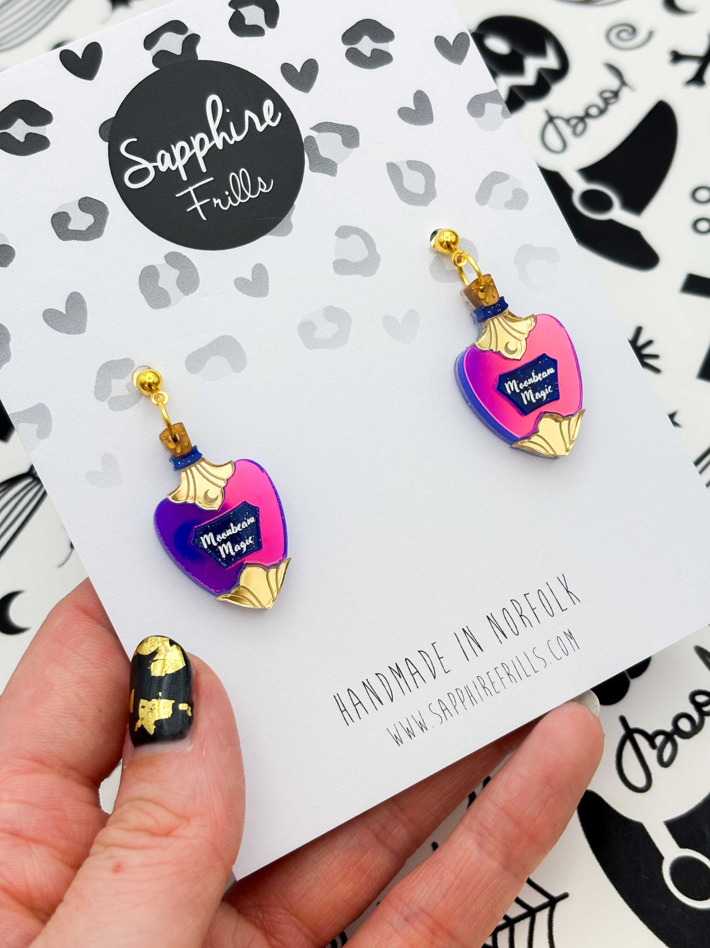 Medium Dark Iridescent Purple and Pink Moonbeam Magic Potion Bottle Dangle Earrings