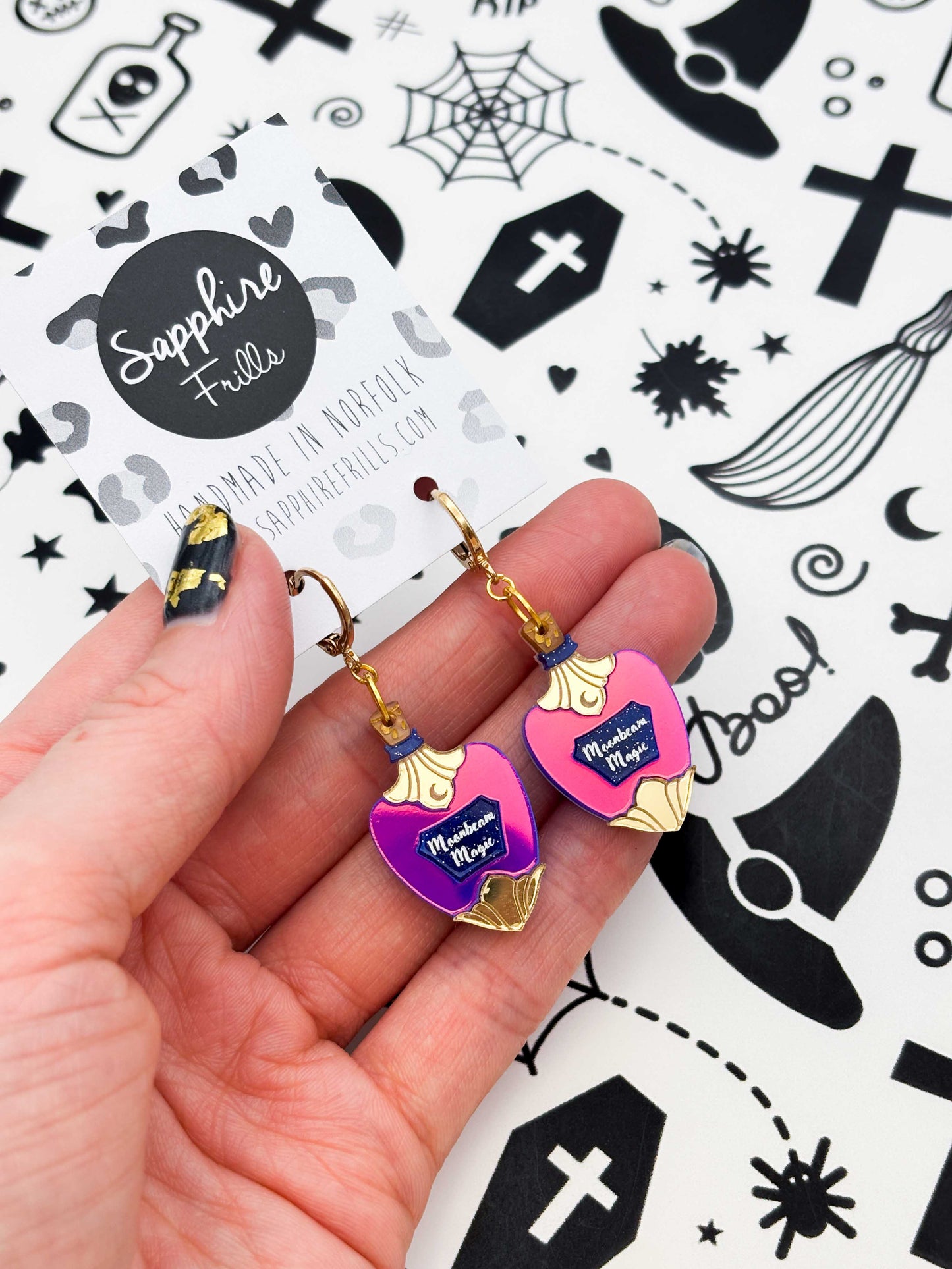 Medium Dark Iridescent Purple and Pink Moonbeam Magic Potion Bottle Dangle Earrings