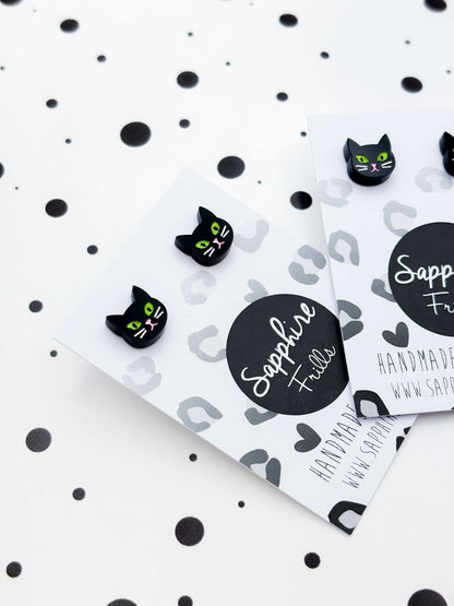 Mini Black Cat Face Stud Earrings – Hypoallergenic Stainless Steel