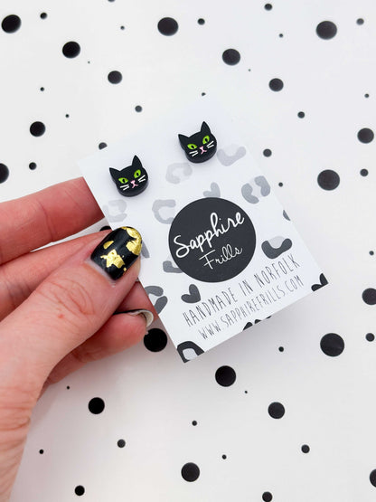 Mini Black Cat Face Stud Earrings – Hypoallergenic Stainless Steel