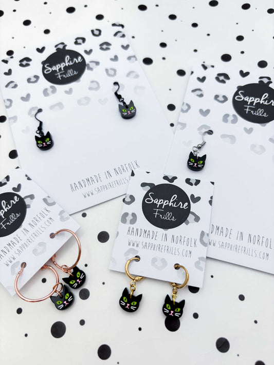 Mini Black Cat Face Dangle Earrings or Necklace – Hypoallergenic Stainless Steel
