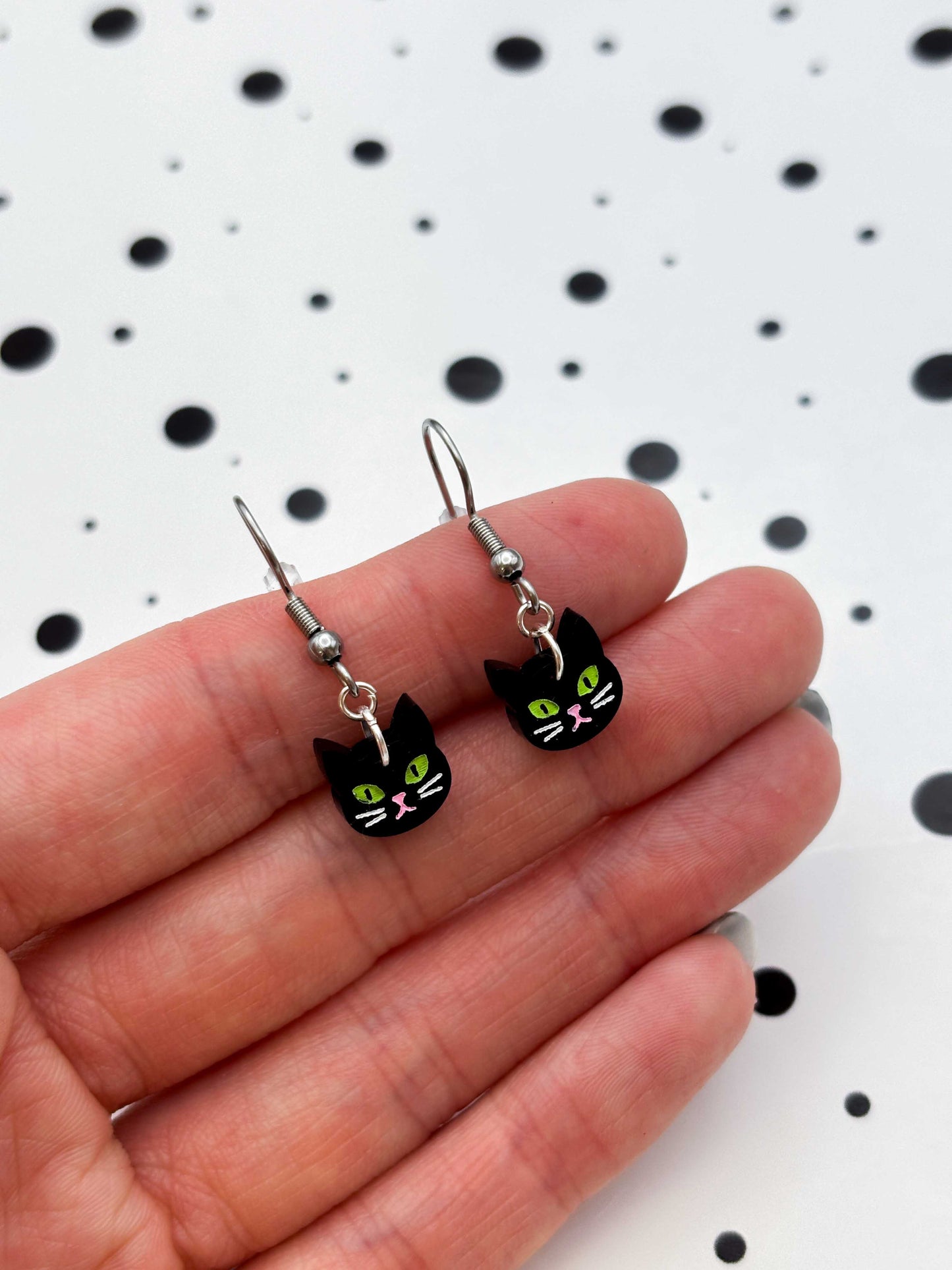 Mini Black Cat Face Dangle Earrings or Necklace – Hypoallergenic Stainless Steel