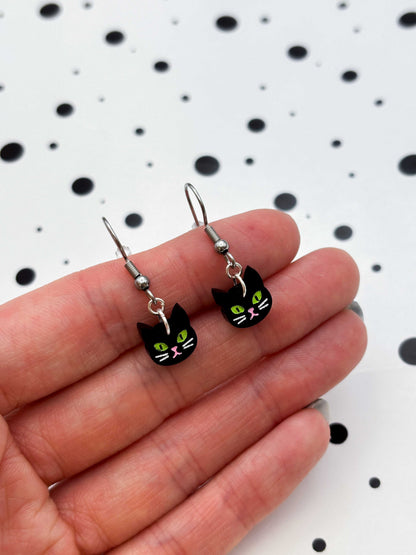 Mini Black Cat Face Dangle Earrings or Necklace – Hypoallergenic Stainless Steel