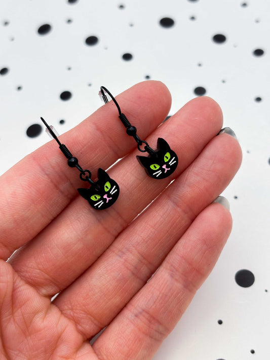 Mini Black Cat Face Dangle Earrings or Necklace – Hypoallergenic Stainless Steel