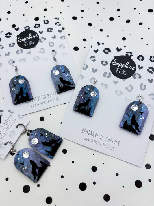 Large Wolf, Owl and Moon Night Sky Arch Dangle Earrings or Necklace – Hypoallergenic Stainless Steel