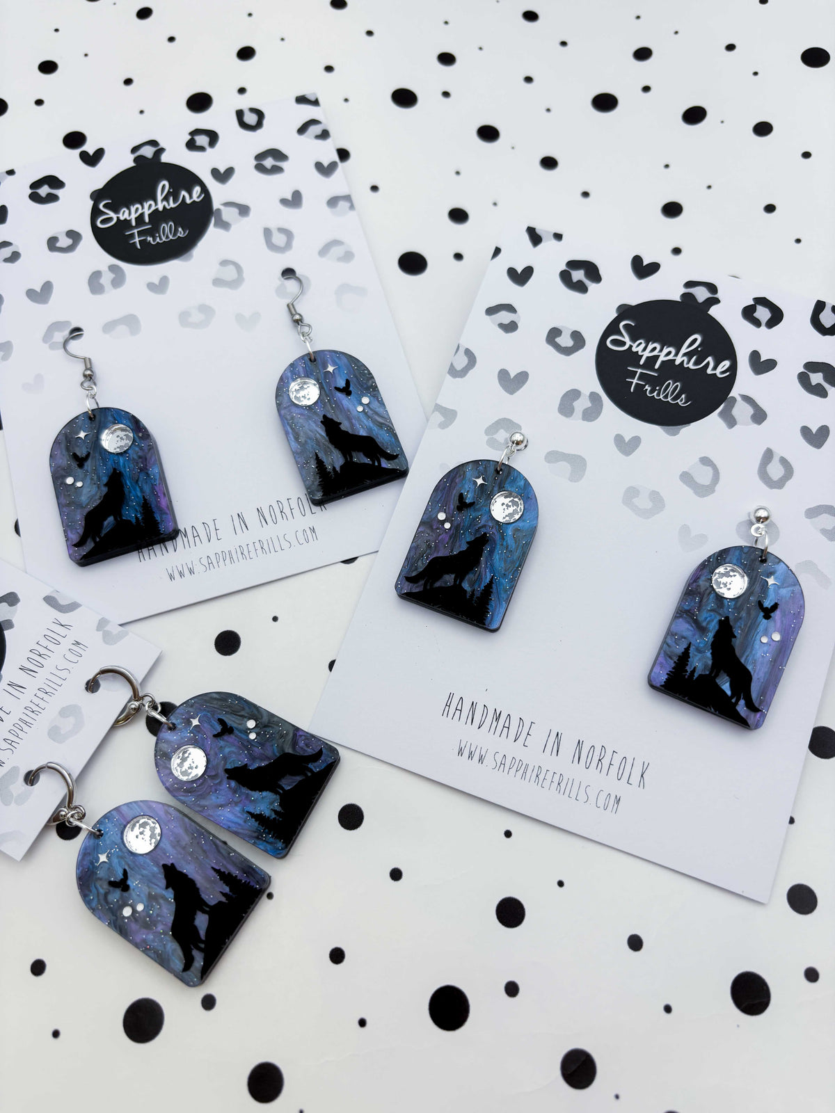 Large Wolf, Owl and Moon Night Sky Arch Dangle Earrings or Necklace – Hypoallergenic Stainless Steel